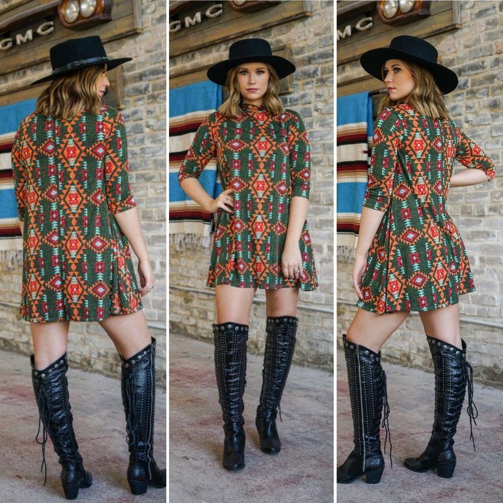 Olive Orange Aztec Tunic Dress